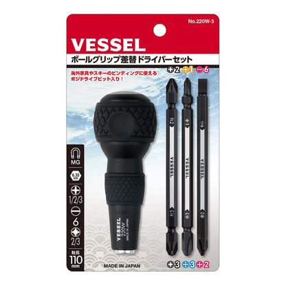 Vessel 220W-3 Ball Grip Screwdriver w/ 3 Double Sided Bits