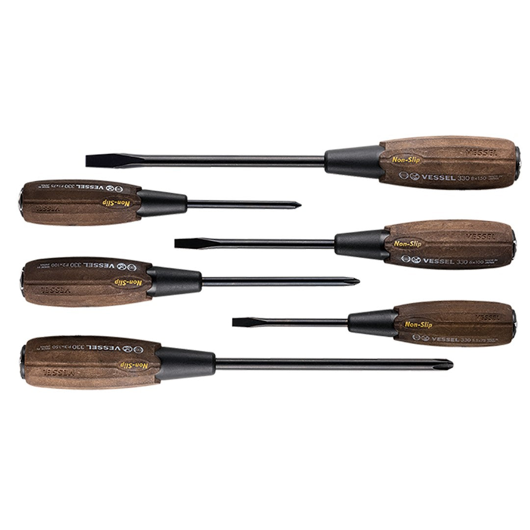 Vessel 336PS Non-Slip Wood Composite Thru Tang Screwdriver Set 6 Pieces