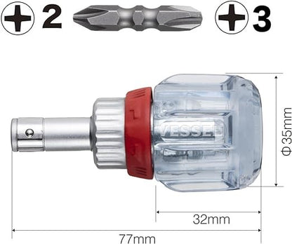 Vessel Ratchet Stubby Screwdriver TD-6700W-23 PH2/3 77mm dimensions