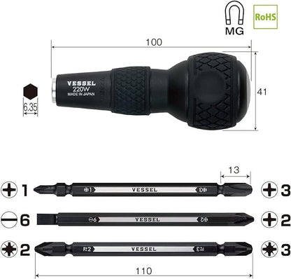 Vessel 220W-3 Ball Grip Screwdriver w/ 3 Double Sided Bits