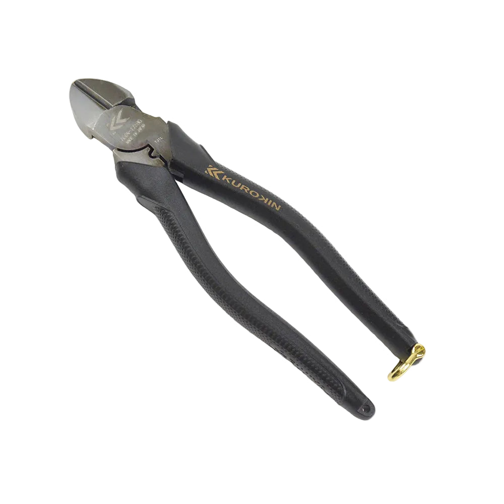 Pair of black pliers with a visible brand logo on a light gray background
