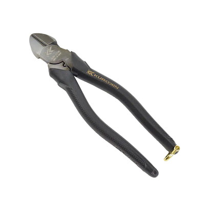 Pair of black pliers with a visible brand logo on a light gray background
