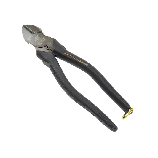 Pair of black pliers with a visible brand logo on a light gray background